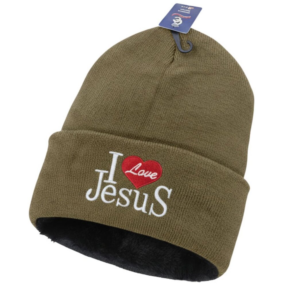 "I Love Jesus" Winter Fleece-Lined Hat, Light Brown - Picture 2 of 4